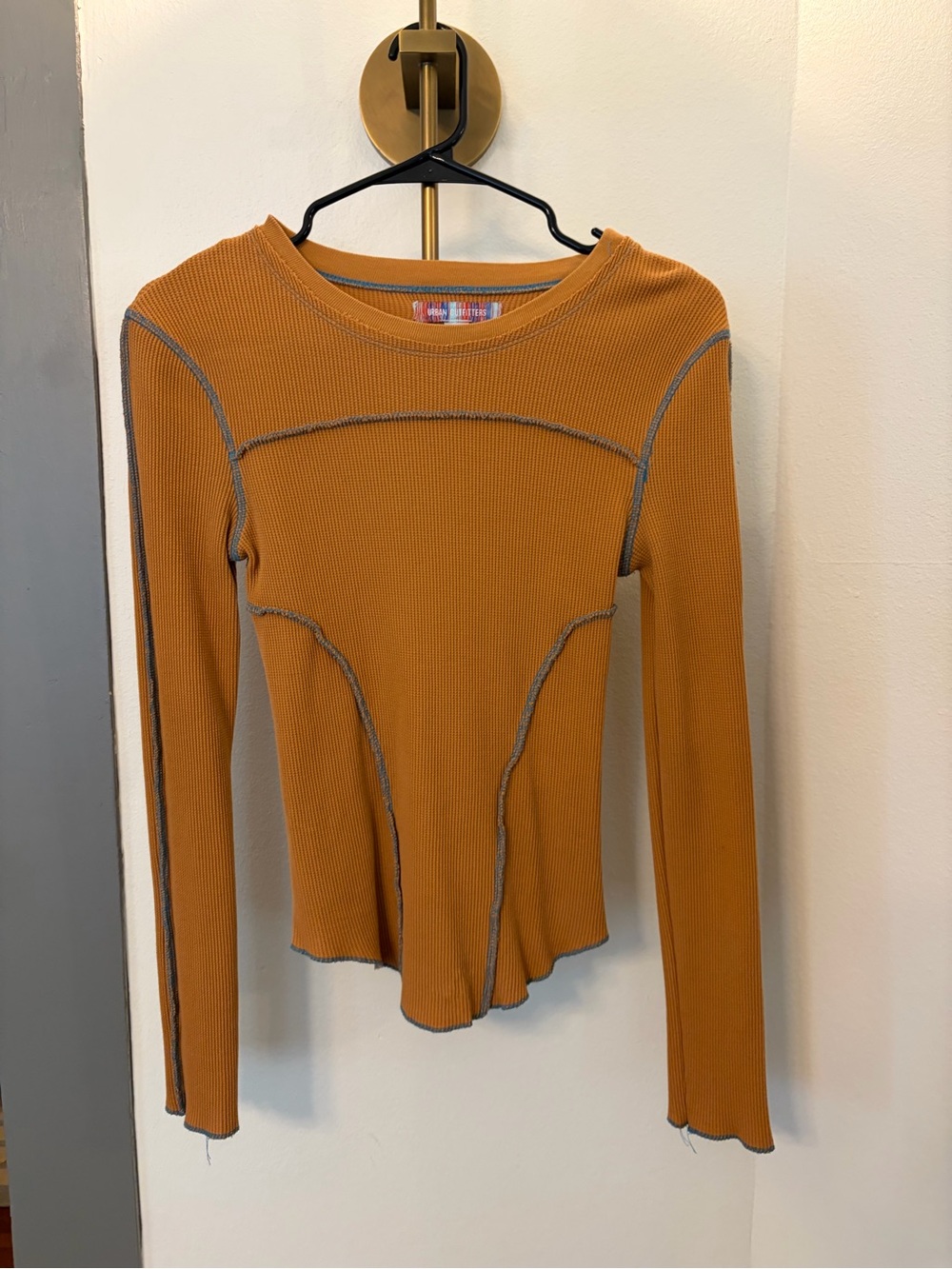 Urban Outfitters Rusty Mustard Ribbed Long-Sleeve Top with Contrast Stitching